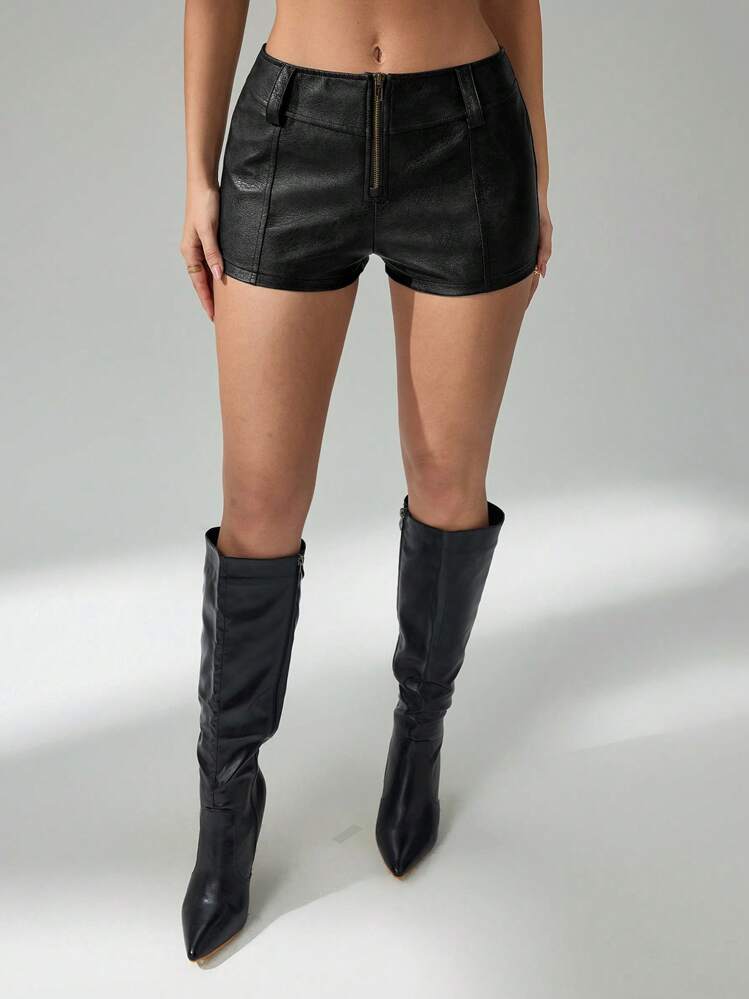 SHEIN Tall Shorts Casuais Femininos com Zíper na Frente, Cor Sólida - Preto - Visão 4