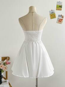 Soleia Women's Vacation White Bow Ruffle Hem Bandeau Mini Dress, Fashionable As Layering Or Standalone Dress, Suitable For Party, Wedding Season, Afternoon Tea Cute For Women Clothes Women Summer Clothing, Back To School, Back To School Season, Little White Dress, Graduation Season, White Dress, White Puffy Dress, Cute Three-Dimensional Bow - White - View 2