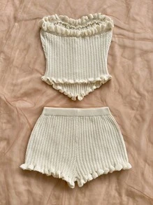 Soleia 女士度假休闲荷叶边珍珠金属扣装饰抹胸和荷叶边针织短裤套装，适合派对、约会、分层穿着或外套 - 杏色 - 查看 2