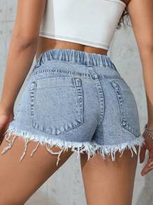 SHEIN 大码女式牛仔破洞浅蓝色牛仔迷你短裤，性感休闲夏季短裤
