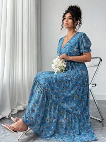 Elenzga Plus Size Women Chiffon Floral Print V-Neck Flutter Sleeve Ruffle Waist Tie Elegant Summer Dress - Multicolor - View 3