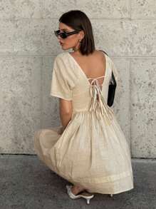 Siren Gaze Women Cotton Square Neck V-Back Tie Waist Dress Babydoll Dress Beige Dress Cream Dress Short Dress 100%Cotton Summer Casual - Apricot - View 1