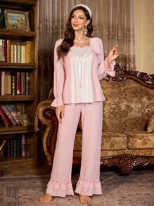 甜美蕾丝拼布荷叶边下摆女士睡衣套装，秋季服装 - 粉色 - 查看 5