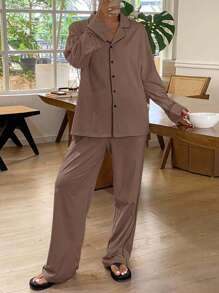 Livesso Conjunto de pijama con diseño simple y ribete de contraste, ropa de otoño e invierno - Café integral - Ver 4