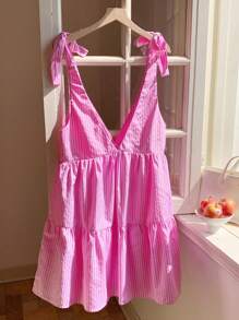 Comfortcana Damen Neues gestreiftes Minikleid mit V-Ausschnitt, Schleife und Babydoll-Stil