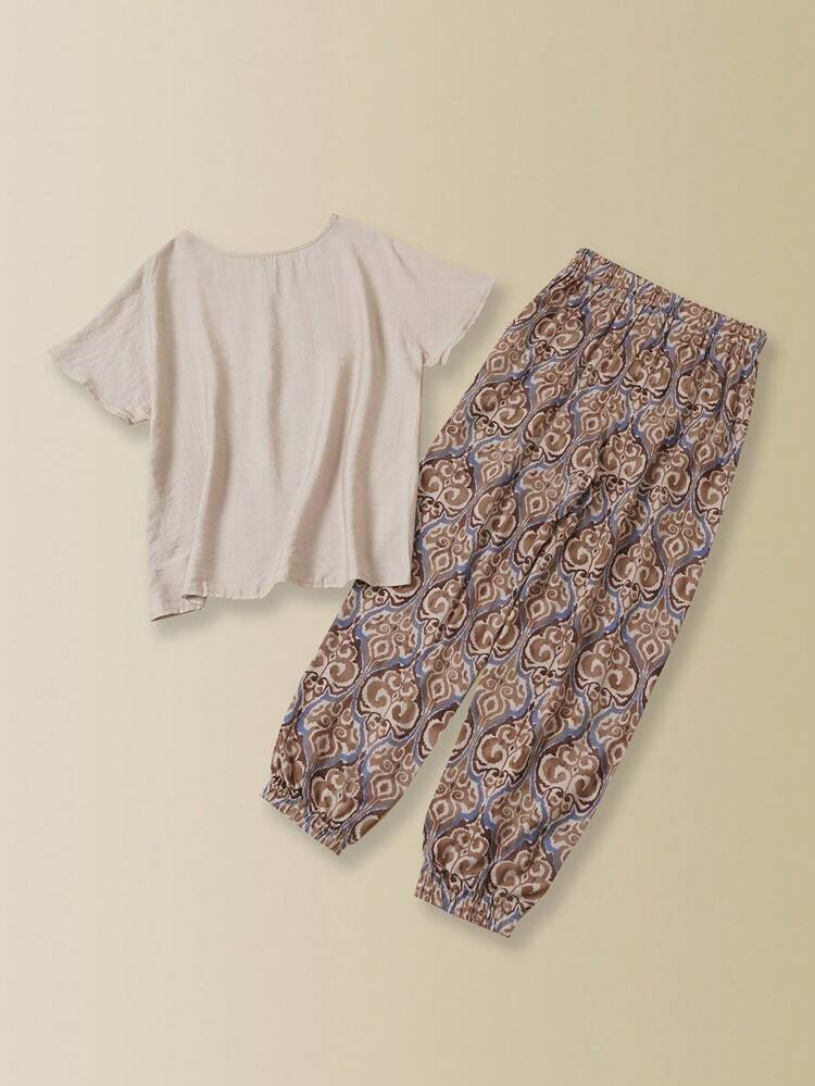 2pcs Women's Solid Color Round Neck Short Sleeve Top And Long Pants Set