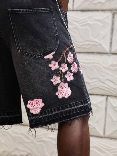Street Life Men's Casual Summer Street Floral Embroidered Denim Shorts, No Chain Belt Included