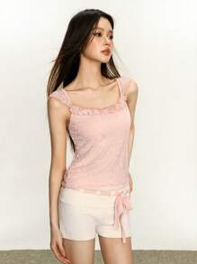 Rina Fox Bộ 2 áo ren tay bồng phối ren tương phản và quần short dệt kim cho nữ - Nhiều màu - Xem 4