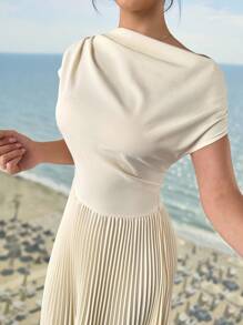 Firerie Elegant Cream White Summer Off-The-Shoulder Pleated Dress For Women,Asymmetrical Hem Imitation Linen Skirt,Holiday Beach Tea Party Birthday Outfits - Black - View 3