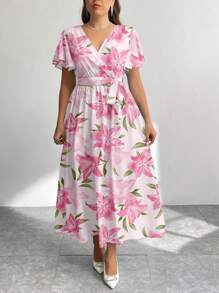 SHEIN PETITE CURVE 大码女式花卉印花荷叶边袖优雅度假连衣裙 - 粉色 - 查看 4