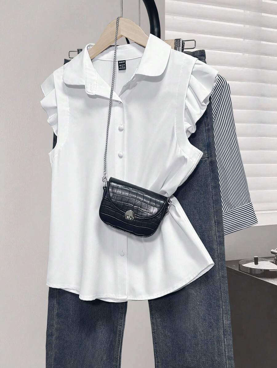 INAWLY Women's Fashionable Solid Color Collared Ruffle Sleeve Button Up Shirt - White - View 1