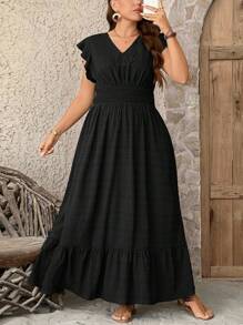 SHEIN LUNE Vestido largo con bajo fluido de tela texturizada para mujer de talla grande, vestido de verano para graduación, atuendo para el 4 de julio, graduación en blanco