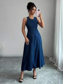 Elenzga 女式夏季休闲无袖长款牛仔连衣裙 - 深色水洗藍 - 查看 4