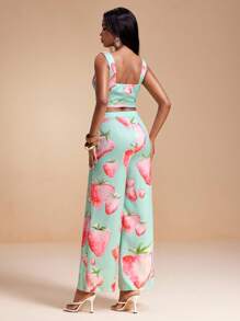 Becci Summer Fruit Strawberry Print Woven Cami Top And High-Waist Wide-Leg Pants Set Vacation Co-Ords