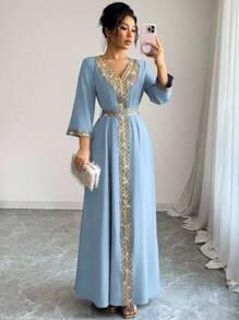 Elenzga Women's Elegant Fringe Sequin Patchwork Dress - Baby Blue - View 6