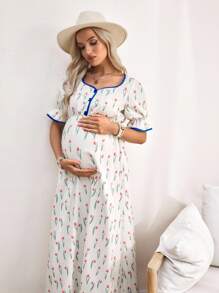 SHEIN 孕妇度假甜心领口短款泡泡袖清新碎花连衣裙 - 白色 - 查看 6