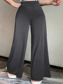 Dazy Plus Elastic Waist Solid Color Wide Leg Knit Casual Long Pants - Grey - View 6