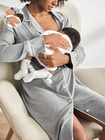 BloomMama Maternity Front Button Long Sleeve Nursing Nightgown  Cozy And Elegant Details, Fall