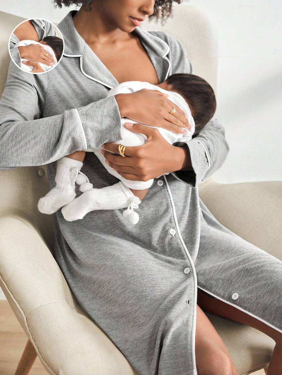 Maternity Front Button Long Sleeve Nursing Nightgown, Cozy And Elegant, Fall & Winter