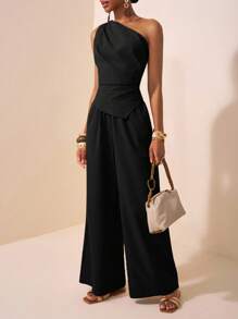 Zivah 2025夏季新款音乐节复活节母亲节婚礼生日派对日常出游基础百搭休闲网红爆款优雅通勤商务休闲一字肩百褶收腰不对称下摆女上衣加直筒裤卡其色女两件套优雅黑色连体裤黑色领带婚宴嘉宾连体裤黑色连体裤女优雅单肩连体裤 - 黑色 - 查看 6