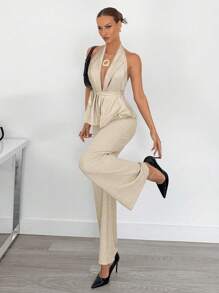 Siren Gaze Linen Sleeveless Suit For Women Summer Elegant Champagne Date,Old Money Style Solid Color Versatile Fashion Casual Classy Two Piece Set Beige,Formal - Apricot - View 1