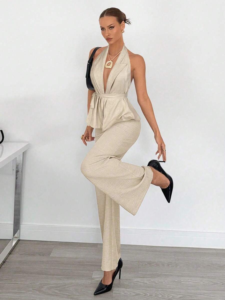 Siren Gaze Linen Sleeveless Suit For Women Summer Elegant Champagne Date,Old Money Style Solid Color Versatile Fashion Casual Classy Two Piece Set Beige,Formal - Apricot - View 1