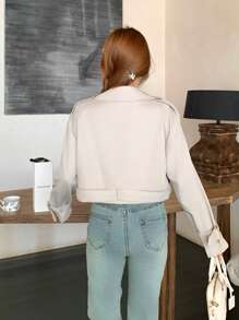 SHEIN Teen Girl Lapel Double Breasted Long Sleeve Short Trench Coat, For Daily Casual,Autumn/Winter,Back To School Cropped Korean Fashion Double Breasted Jacket Cute Fashion Elegant Fall Trench Coat - Khaki - View 2