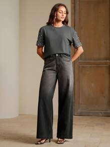 Anewsta 现代都市风格女式圆领缀饰短袖T恤 - 灰色 - 查看 6