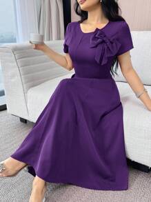 Modelyn Women's Solid Color Bowknot Decor Round Neck Short Sleeve Elegant Mid-Length Dress - Purple - View 6