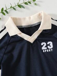 SHEIN Playful Pals 2 件套女婴休闲海军蓝 T 恤和海军蓝短裤套装，正面印花 #23 和“SPORT”，柔软舒适材质，适合夏季室内外穿着 - 藏蓝色 - 查看 7