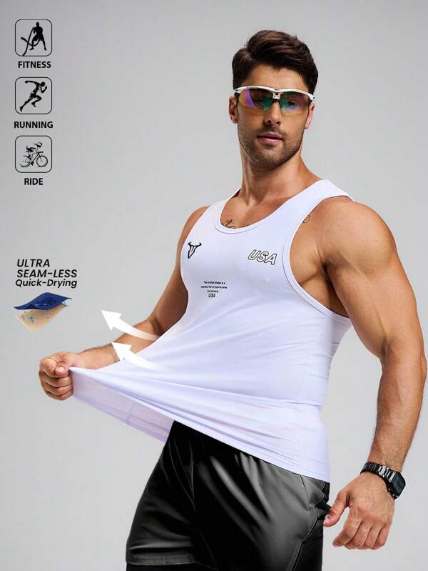 Manfinity Sport Polished Camiseta de tirantes casual, deportiva y de fitness con estampado de eslogan para hombres, cuello redondo
