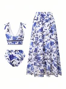 Swim Oasis V 领多色蝴蝶结花卉印花 3 件套比基尼套装，带网眼裙，高品质度假比基尼套装
