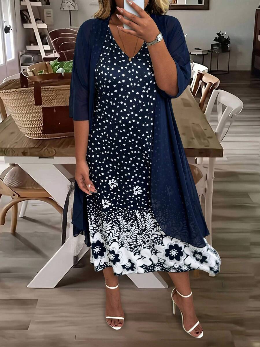 EMERY ROSE Bộ 2 váy dây đan họa tiết thanh lịch cỡ lớn dành cho nữ và áo len cardigan nhẹ - Màu xanh hải quân - Xem 1