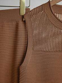 Franclia 2 件套女士夏季度假休闲镂空针织圆领无袖开衫和迷你裙 - 棕色 - 查看 5