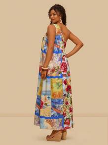 Travachic Plus Size Loose Tropical Print Asymmetrical Shoulder Maxi Dress, Vacation Style Off Shoulder Dress Beach Dresses For Women Tropical Vacation Woman Clothes Tropical Flowers - Multicolor - View 3