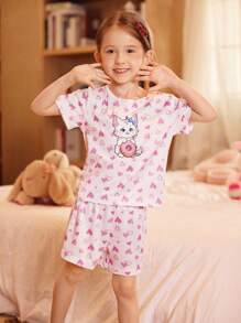 SHEIN Conjunto de 2 piezas de pijama para niñas (talla pequeña) con estampado de gatito y dona en forma de corazón