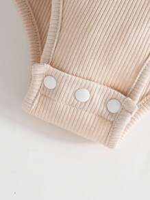Girls' All-Match Solid Color Knitted Jumpsuit With Street Style, Short Sleeve, Khaki, Spring/Summer, School, Campus, College - Khaki - View 3