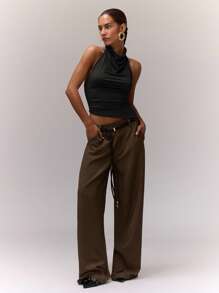 MUSERA Draped Asymmetric Halterneck Top Romantic Vacation Holiday Ibiza Festival Holiday Night Out Going Out Tops Club Winter  Fall Elegant Spring Summer - Black - View 4