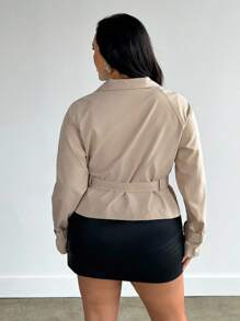 Firerie Áo khoác ngắn cổ đứng màu kaki cỡ lớn cho nữ có túi thắt lưng - Màu Khaki - Xem 3