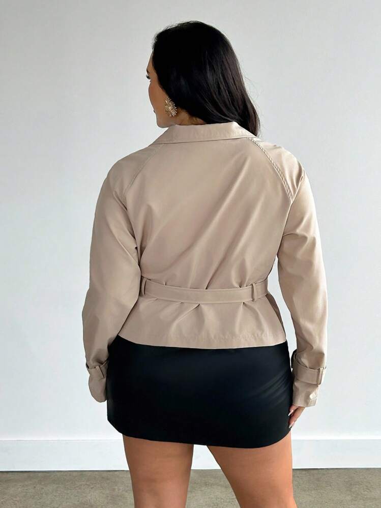 Firerie Áo khoác ngắn cổ đứng màu kaki cỡ lớn cho nữ có túi thắt lưng - Màu Khaki - Xem 3