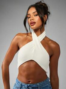 MISSGUIDED 3 Pack Halter Neck Crop Top Bundle Ribbed Crossover Front Summer Festival Essential Fashion Multipack Sleeveless Basic Tank Tops