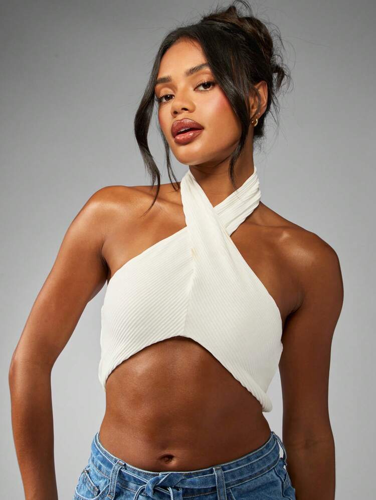 MISSGUIDED 3 Packs Halter Neck Crop Top Bundle Ribbed Crossover Front Summer Festival Essential Fashion Multipack Sleeveless Basic Tank Tops
