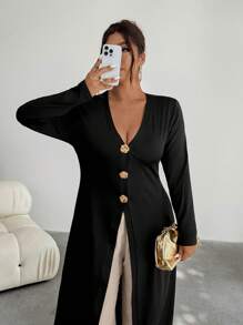 Firerie Plus Size Casual Solid Color Long Jacket Winter Fall Autumn - Black - View 4