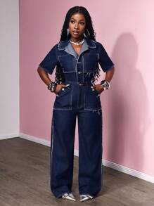 Slaydiva 女式流苏短袖单排扣阔腿休闲牛仔连体裤 - 深色水洗藍 - 查看 4