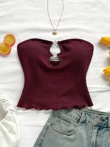 Soleia Women's Vacation Cami Top, Champagne Color Textured With Front Hollow Metal Flower Button Decor, Slim Fit Cropped, Sexy & Fashionable For Party, Date, Casual Beach Holiday Cute Tube Top Tube Top With Bra Knitted Tops Summer Tops Knit Tops - Burgundy - View 6