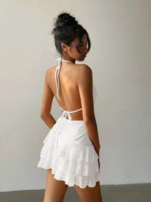 Aloruh Women's Sexy Solid Color Lace Backless Halter Mini Dress, Summer - White - View 2