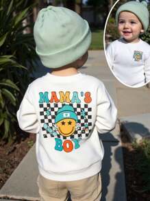 SHEIN Playful Pals 男婴白色休闲笑脸图案字母印花长袖针织衫，适合春秋季节，适合日常和户外穿着