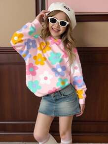 SHEIN 可爱卡通彩色多巴胺花朵印花，年轻女孩休闲宽松舒适连帽长袖针织衫，适合秋冬季，返校
