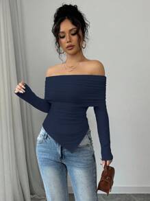 Elenzga 女士优雅露肩大翻领褶边修身T恤，春秋 - 藏蓝色 - 查看 6