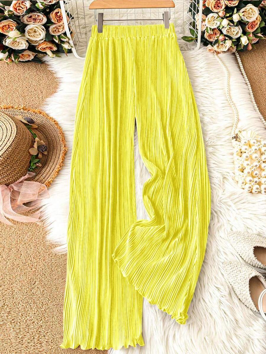 SHEIN Tall Women Standard Size Solid Color Pleated Straight Leg Pants Fall Cloth For Women - Yellow - View 1